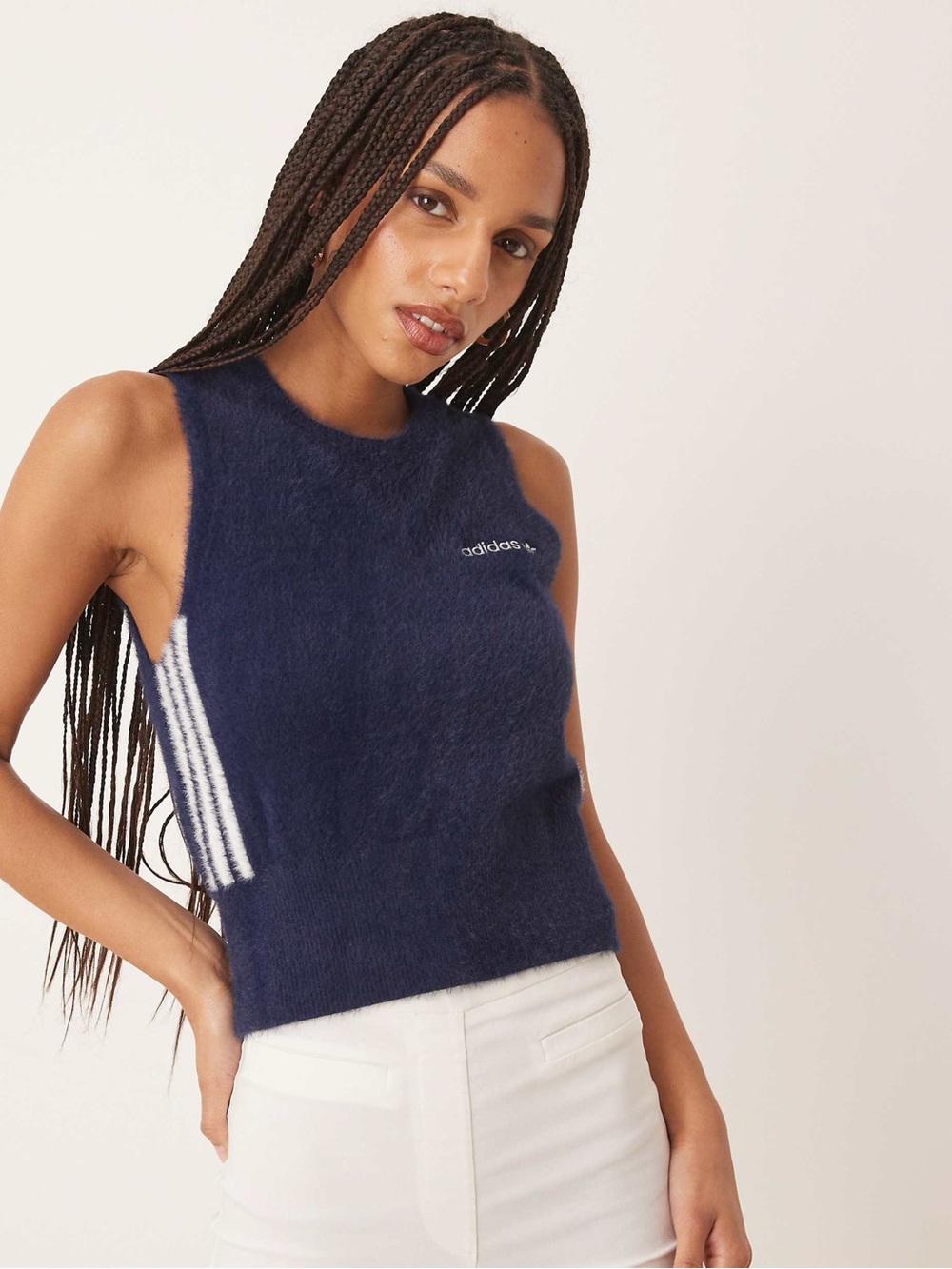 adidas Navy Fuzzy Knit Sleeveless Crop Tank with White Stripes
